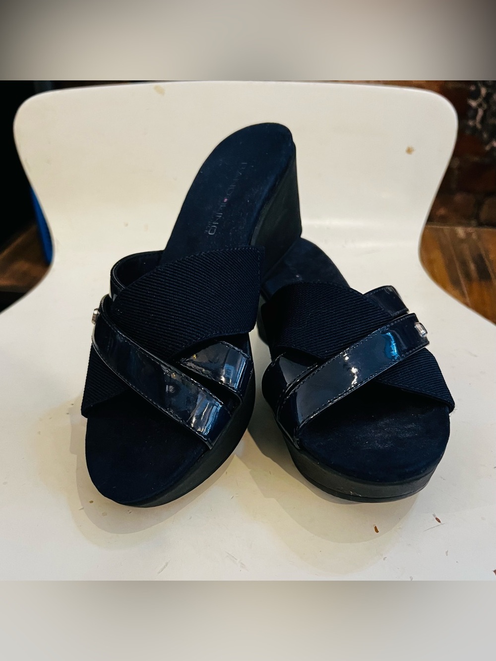 Bandolino Navy Patent & Fabric Crisscross Wedge Slides